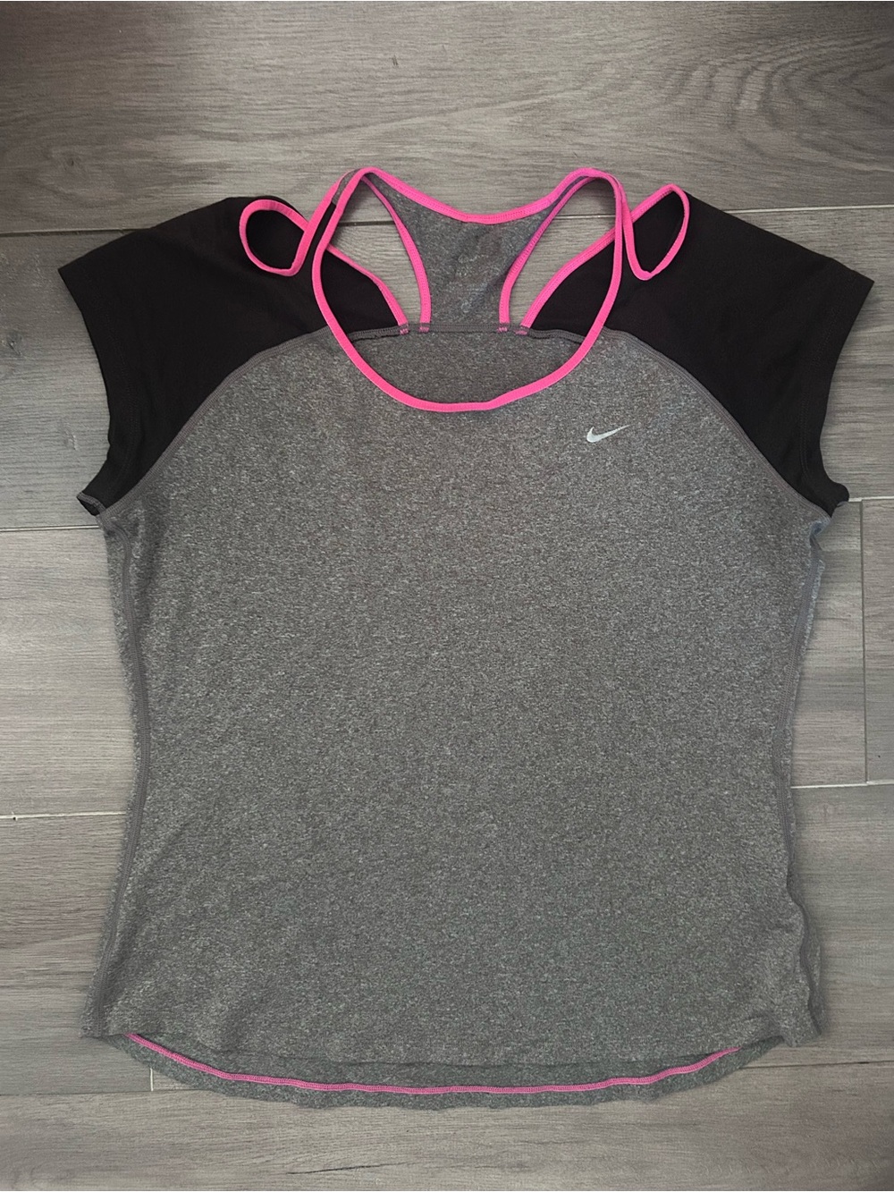 Nike Gray Top with Black Sleeves and Pink Trim